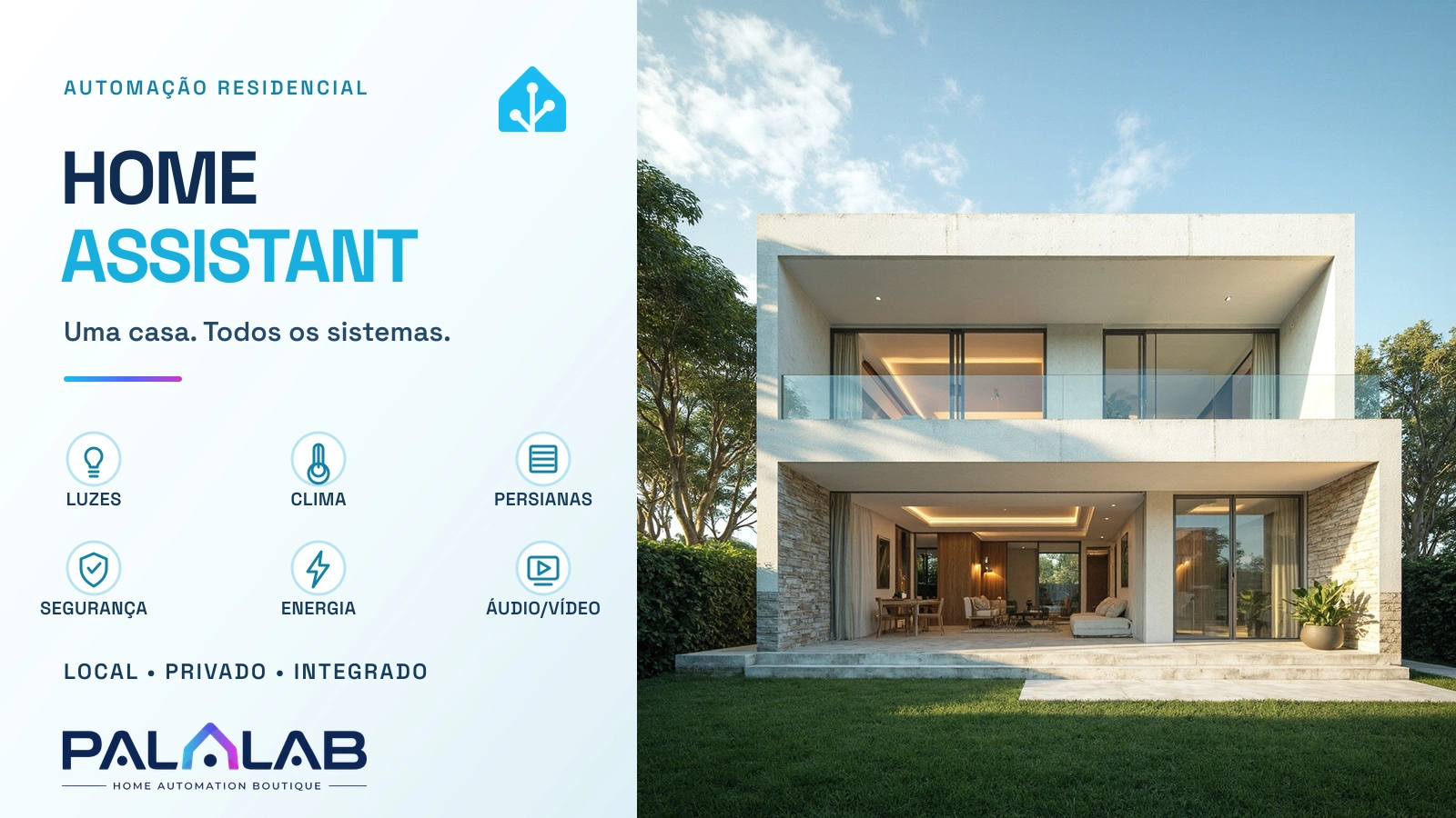 Home Assistant integrando luzes, clima, persianas, segurança, energia e áudio e vídeo em uma casa contemporânea